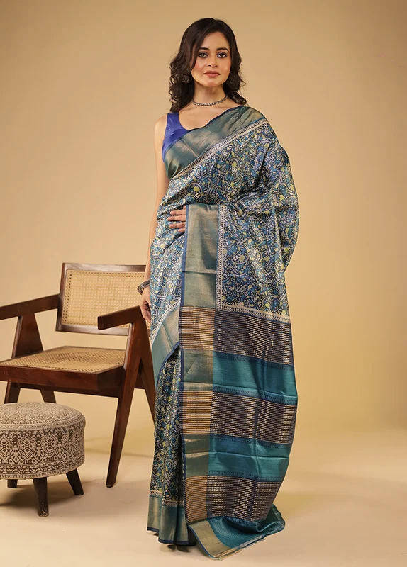 Blue Handloom Tussar Pure Silk Saree With Blouse Piece One Size