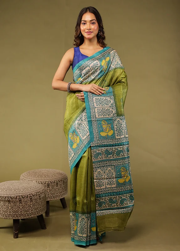 Green Handloom Tussar Pure Silk Saree With Blouse Piece One Size