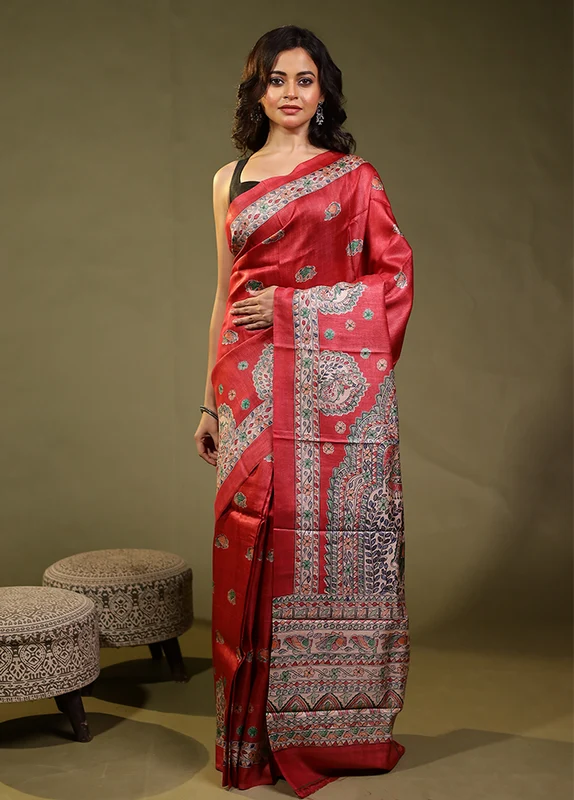 Red Handloom Tussar Pure Silk Saree With Blouse Piece One Size