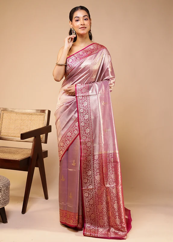 Pink Tissue Silk Saree With Blouse Piece One Size