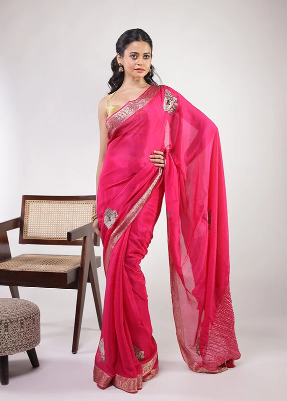 Pink Georgette Saree With Blouse Piece One Size