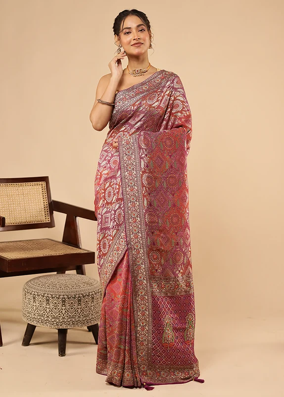 Purple Handloom Pure Georgette Saree With Blouse Piece One Size
