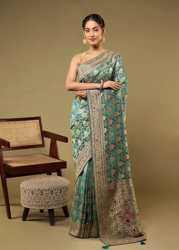 Green Handloom Pure Georgette Saree With Blouse Piece One Size