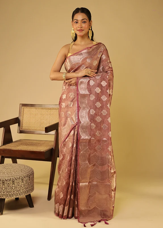 Peach Tissue Silk Saree With Blouse Piece One Size