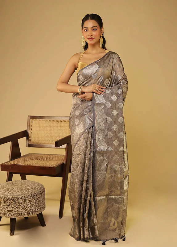 Grey Tissue Silk Saree With Blouse Piece One Size
