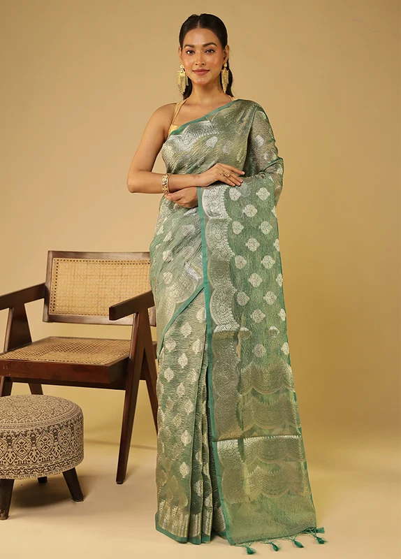Green Tissue Silk Saree With Blouse Piece One Size