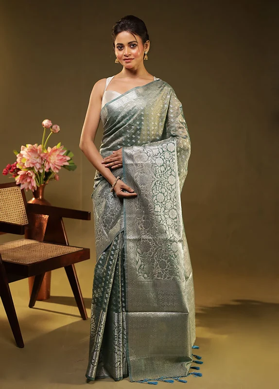 Grey Tissue Silk Saree With Blouse Piece One Size
