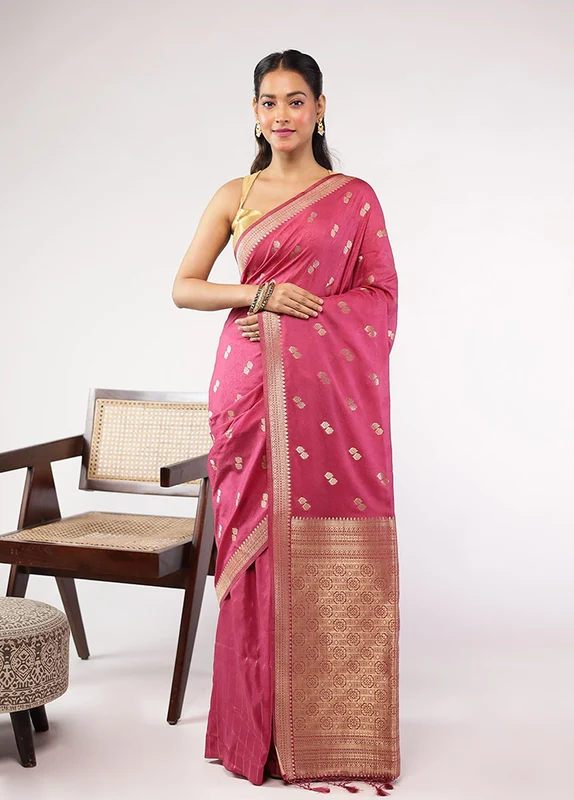 Pink Dupion Silk Saree With Blouse Piece One Size