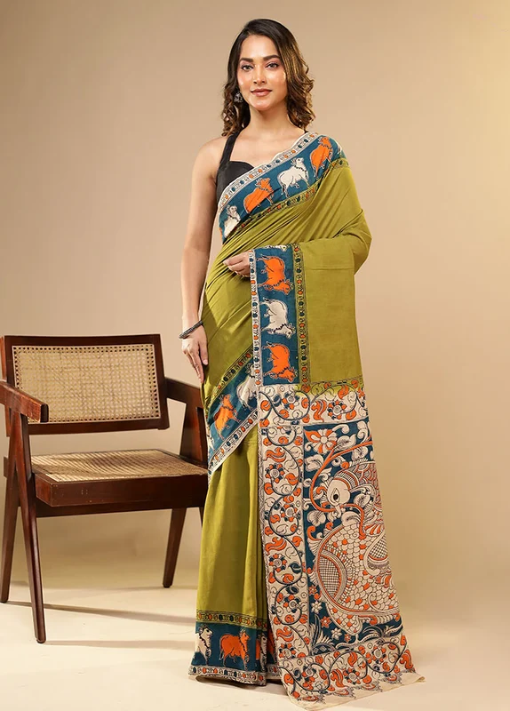 Green Cotton Saree With Blouse Piece One Size