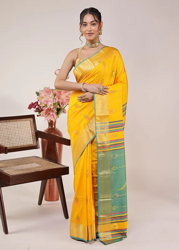 Yellow Kalakethra Silk Saree With Blouse Piece One Size