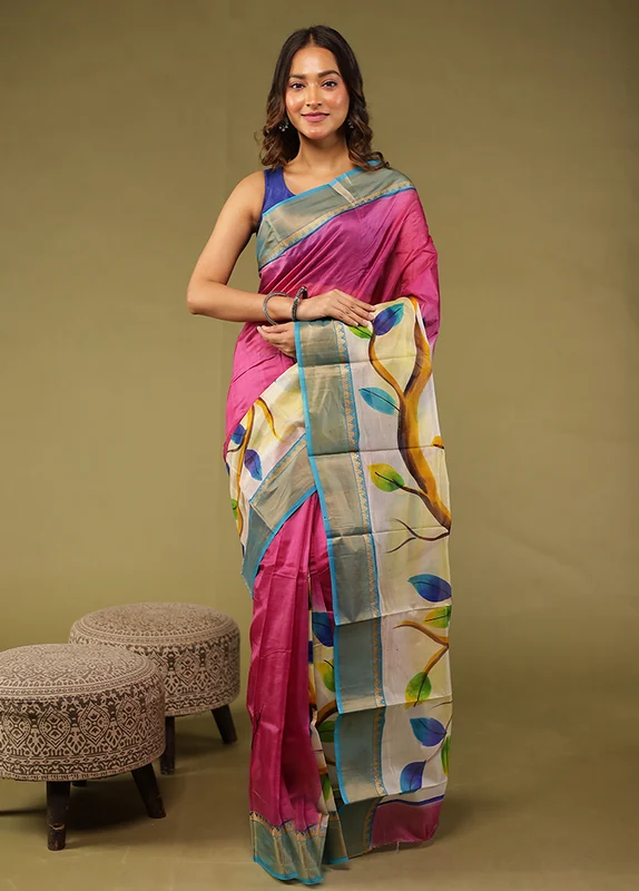 Multicolor Printed Pure Silk Saree Without Blouse Piece One Size