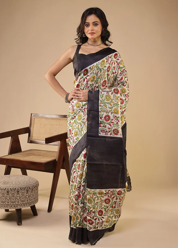 Multicolor Printed Pure Silk Saree With Blouse Piece One Size