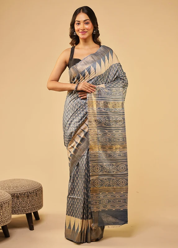 Grey Tussar Silk Saree With Blouse Piece One Size