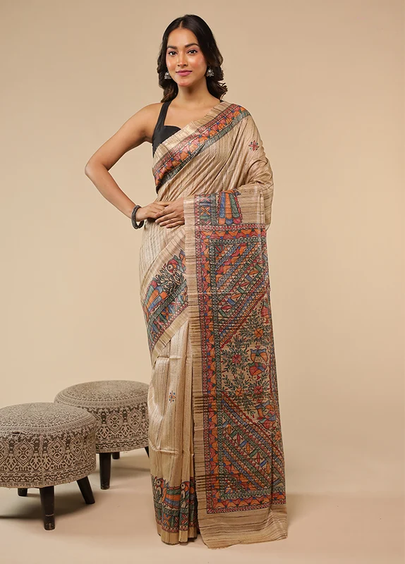 Cream Handloom Tussar Pure Silk Saree With Blouse Piece One Size