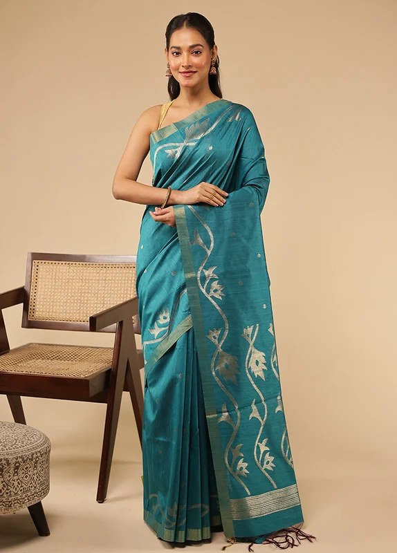 Blue Tussar Silk Saree With Blouse Piece One Size