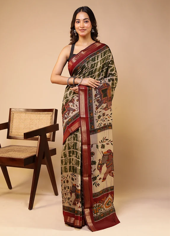 Cream Chanderi Cotton Saree With Blouse Piece One Size