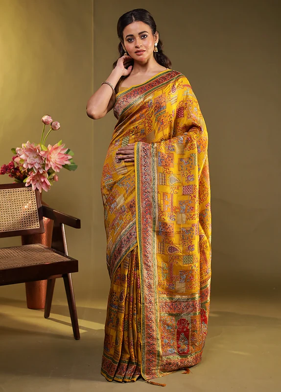 Multicolor Handloom Pure Georgette Saree With Blouse Piece One Size
