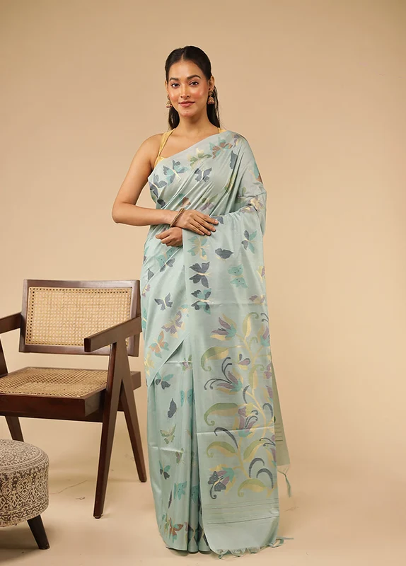Green Tussar Silk Saree With Blouse Piece One Size