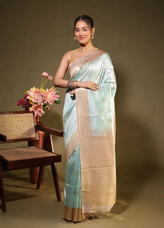 Blue Tussar Silk Saree With Blouse Piece One Size
