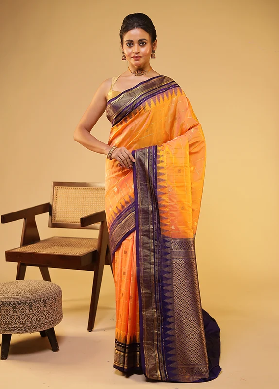 Orange Gadwal Pure Silk Saree With Blouse Piece One Size