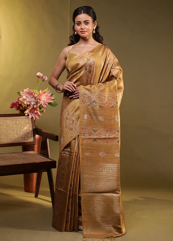 Brown Tussar Silk Saree With Blouse Piece One Size