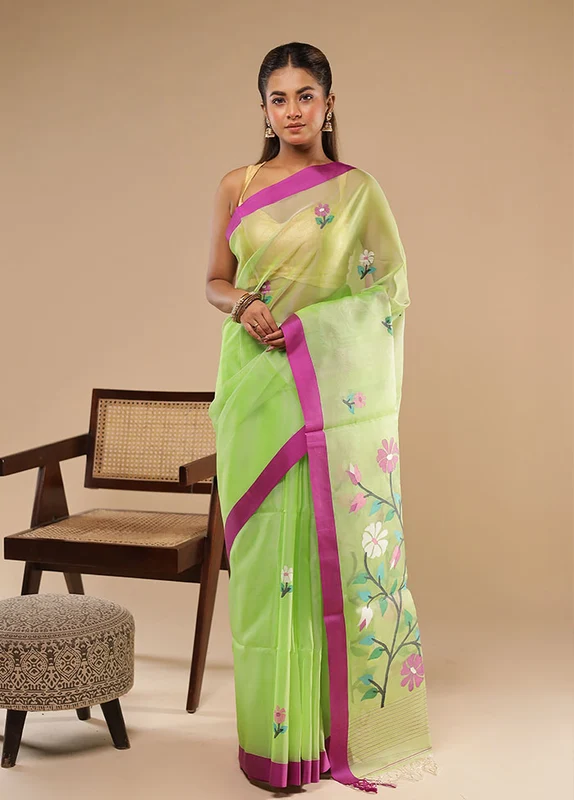 Green Handloom Tussar Pure Silk Saree With Blouse Piece One Size