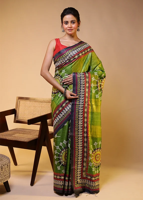 Green Handloom Kantha Stitch Pure Silk Saree With Blouse Piece One Size