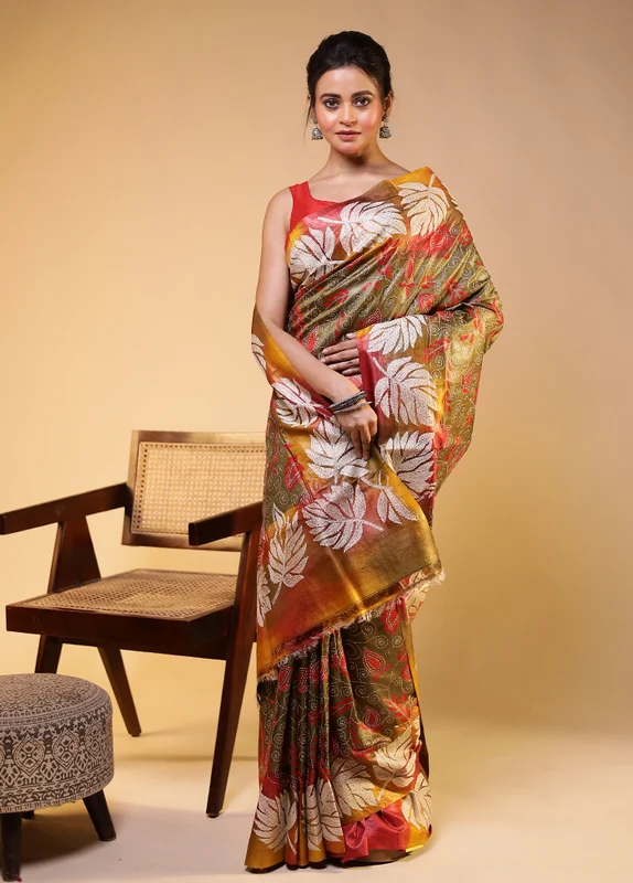 Multicolor Handloom Kantha Stitch Pure Silk Saree With Blouse Piece One Size