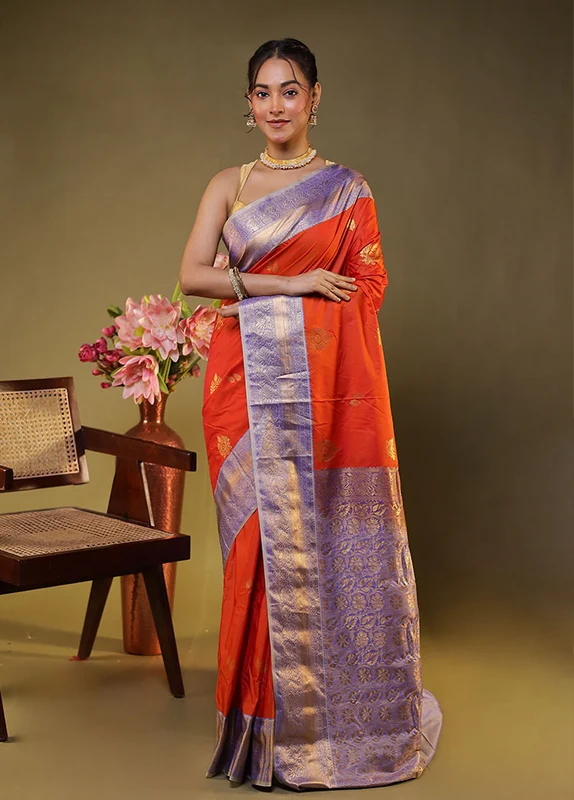Rust Gadwal Silk Saree With Blouse Piece One Size