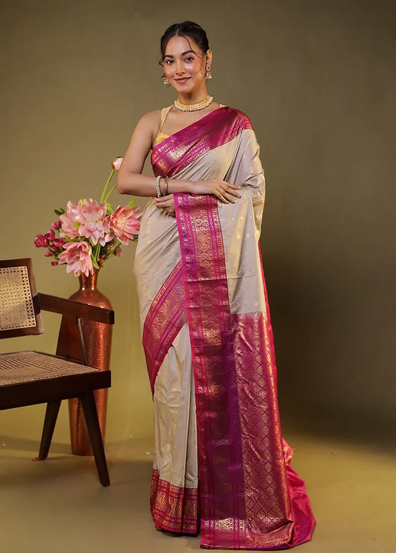 Cream Gadwal Silk Saree Without Blouse Piece One Size