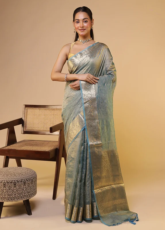 Grey Tissue Silk Saree With Blouse Piece One Size