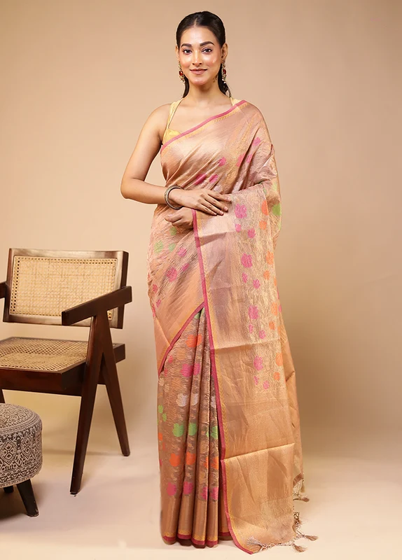 Cream Tissue Silk Saree With Blouse Piece One Size
