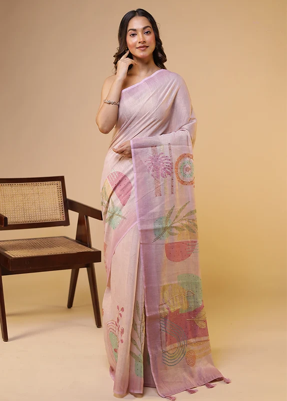 Pink Linen Silk Saree With Blouse Piece One Size