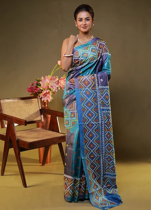 Blue Handloom Kantha Stitch Pure Silk Saree With Blouse Piece One Size