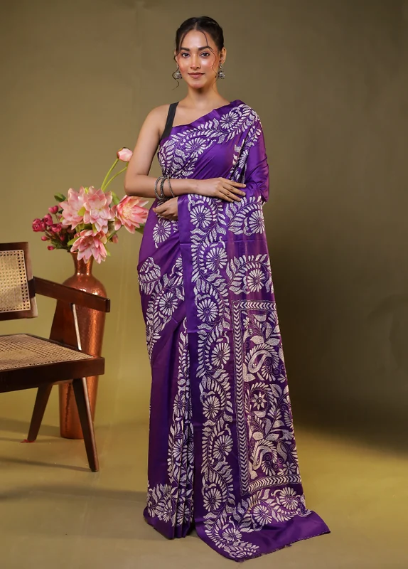 Purple Kantha Stitch Silk Saree With Blouse Piece One Size