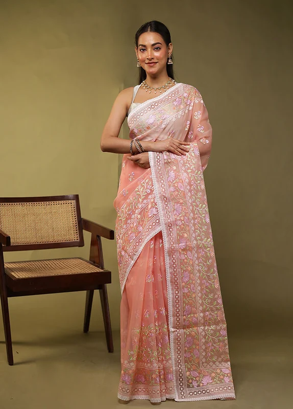 Peach Organza Saree With Blouse Piece One Size