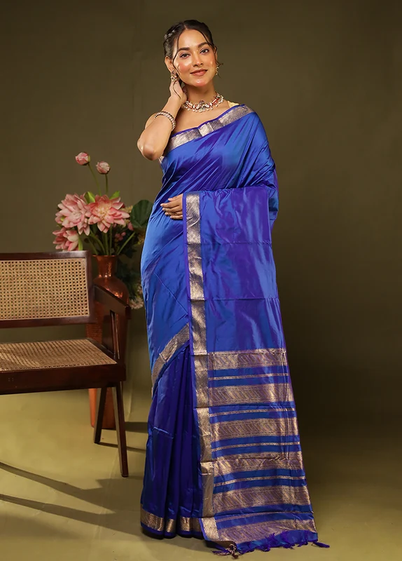 Blue Handloom Kanjivaram Pure Silk Saree With Blouse Piece One Size