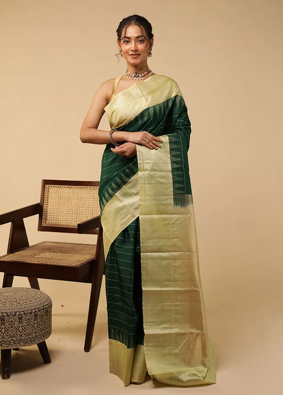 Green Handloom Kanchipuram Pure Silk Saree With Blouse Piece One Size