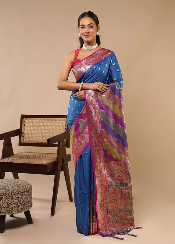 Multicolor Dupion Silk Saree With Blouse Piece One Size