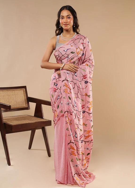 Pink Chiffon Silk Saree With Blouse Piece One Size