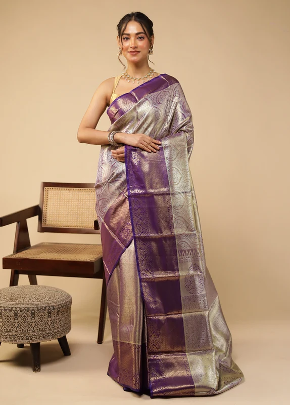 Blue Kanjivaram Silk Saree With Blouse Piece One Size