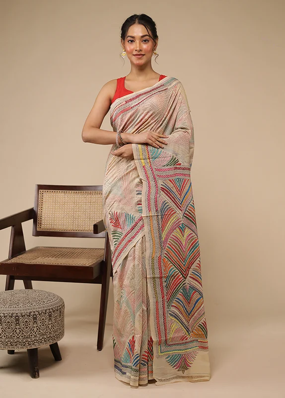 Cream Handloom Kantha Stitch Pure Silk Saree With Blouse Piece One Size