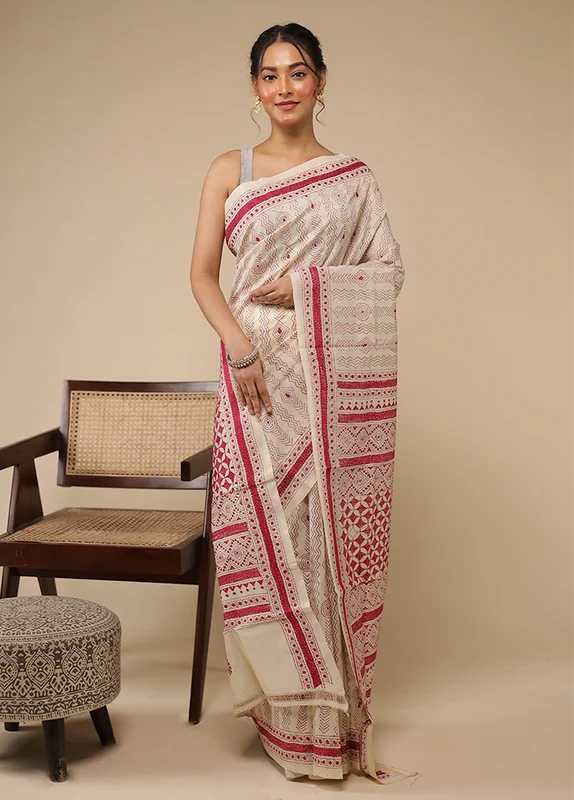 Cream Handloom Kantha Stitch Pure Silk Saree With Blouse Piece One Size