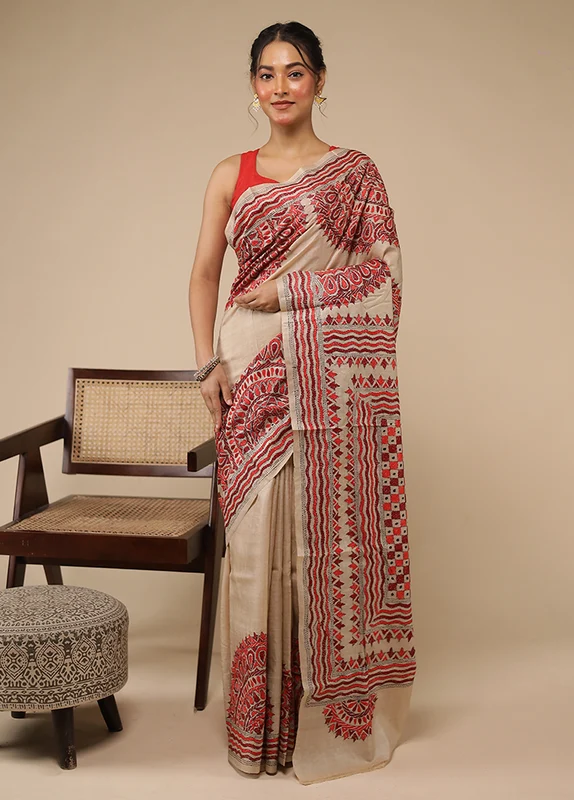 Cream Handloom Kantha Stitch Pure Silk Saree With Blouse Piece One Size
