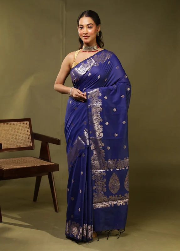 Blue Cotton Saree With Blouse Piece One Size