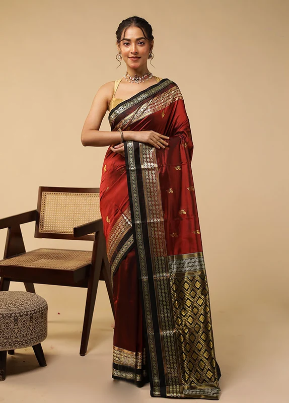 Red Handloom Bomkai Pure Silk Saree With Blouse Piece One Size