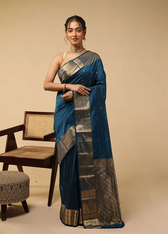 Blue Kanjivaram Silk Saree With Blouse Piece One Size