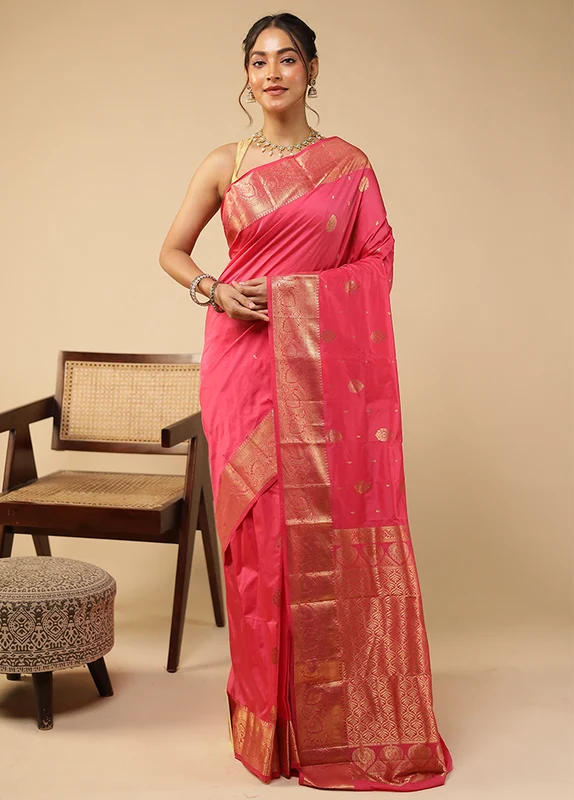 Pink Kanjivaram Silk Saree With Blouse Piece One Size