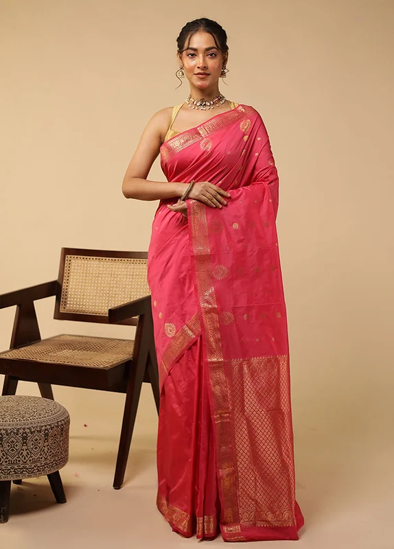 Pink Kanjivaram Silk Saree With Blouse Piece One Size