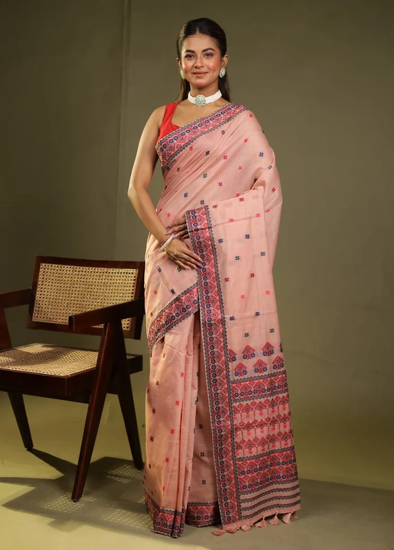 Pink Assam Silk Saree With Blouse Piece One Size